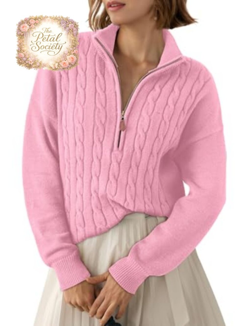 Dokotoo Women's Quarter Zip Ribbed Cable Knit Sweater Pullover